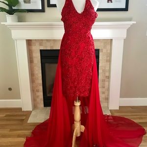 MacDuggal RED one-of-a-kind cocktail with overskirt